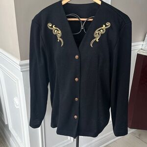 Elegant Black V-Neck Sweater with Gold Embroidery